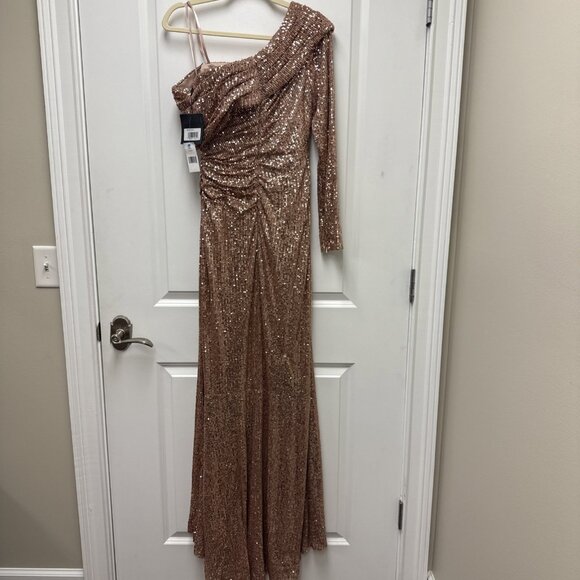 Mac Duggal Size 2 Copper Gold 26571 Sequined Drop Shoulder Faux Wrap Gown Dress - Picture 9 of 13